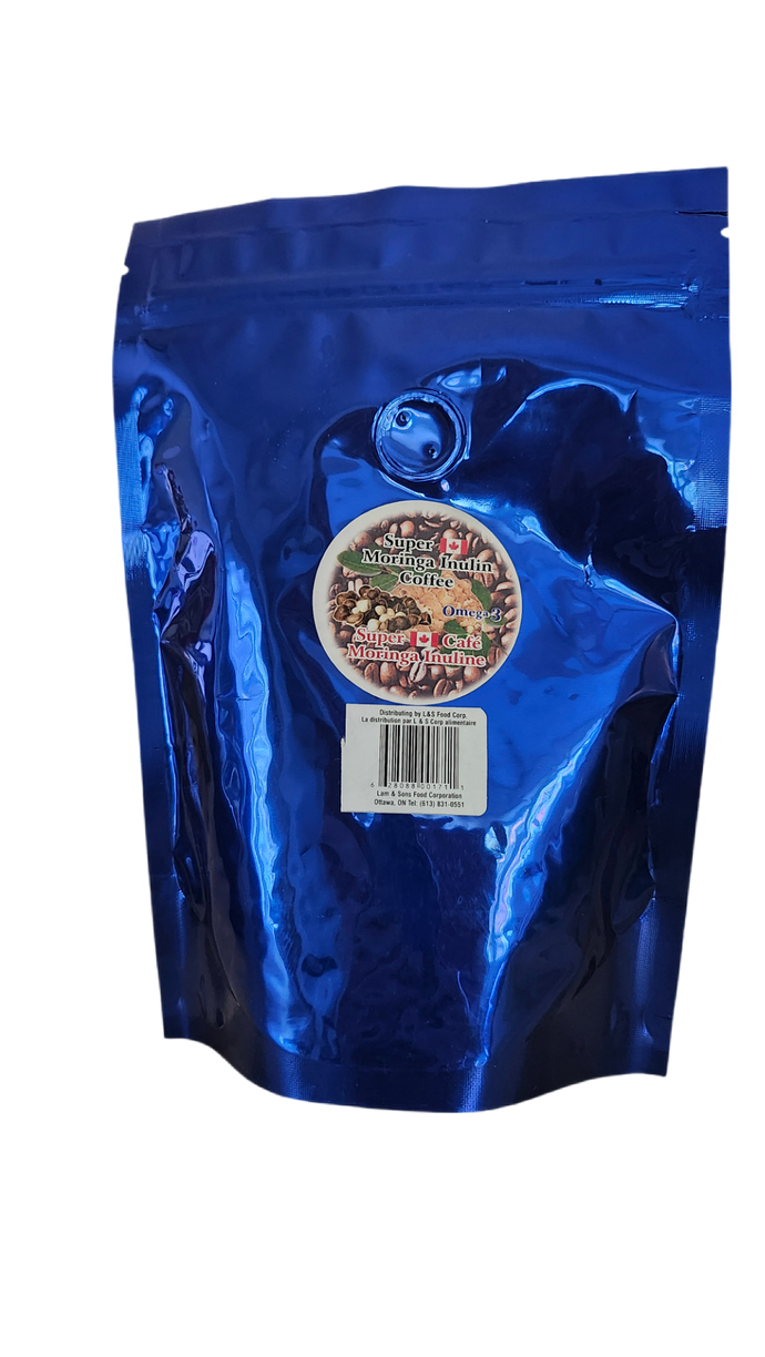 Blue metallic packaging with a label on a white background