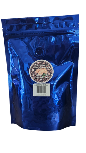 Blue metallic packaging with a label on a white background. Contains Canadian Moringa fresh Roasted coffee with inulin.