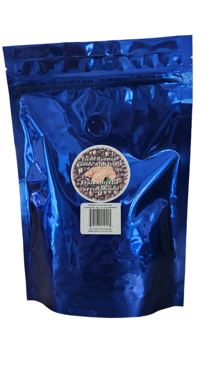 Blue metallic packaging with a label on a white background. Contains Canadian Moringa fresh Roasted coffee with inulin.